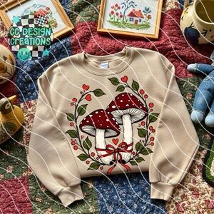 Cottage Core Mushroom Print Sand Sweatshirt Small-3X